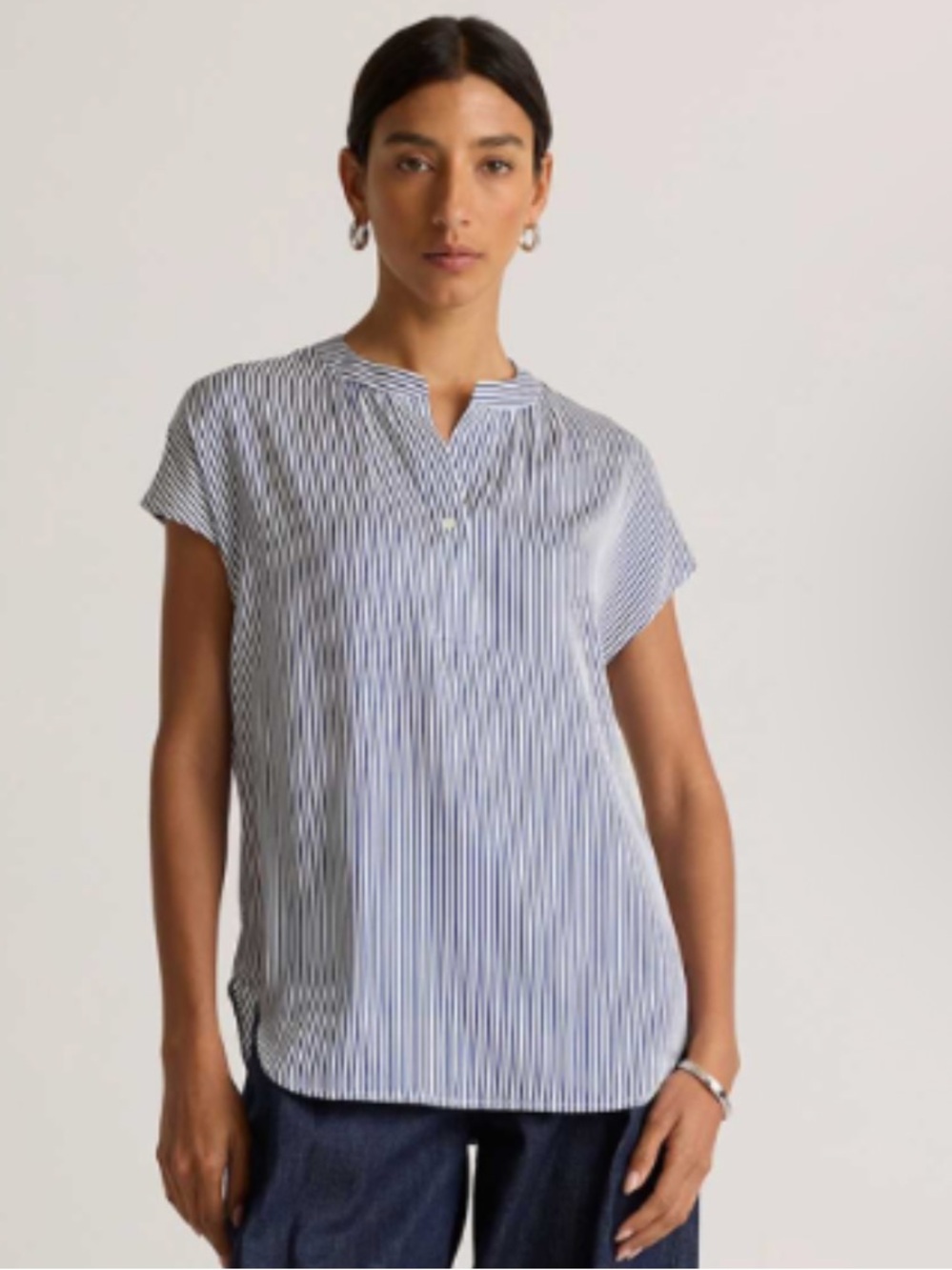 Quince Dolman Sleeve Silk Top Evie Navy & White Vertical-Stripe Cap Sleeve top